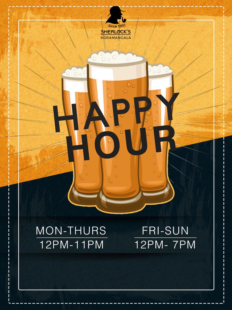 sherlockspubKRM's tweet photo. Scare off your Monday Blues with our Special Happy Hour on Drinks only at #SherlocksPubKoramangala 
Monday - Thursday Offer valid All day. 
Friday - Sunday, 12pm-7pm. 
#HappyHour https://t.co/mfvYEIO1Y5