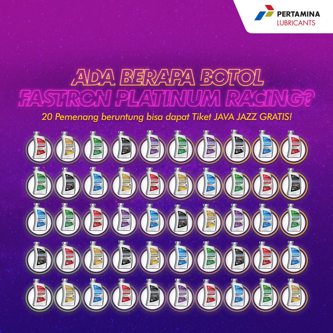 Pertaminalub's tweet image. Pertamina Lubricants mau bagi-bagi tiket Java Jazz Festival nih. Yuk jawab pertanyaan, berapa botol Fastron Platinum Racing di gambar? Follow @pertaminalub &amp;amp; mention 2 teman kamu juga. 20 pemenang beruntung akan mendapatkan tiket gratis. Periode sampai 26 Feb 2019. #PertaminaLub