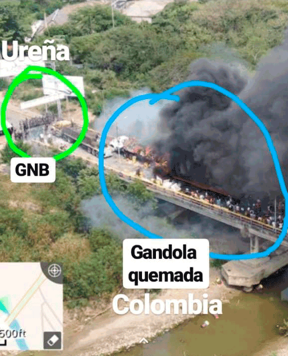 Noragueda's tweet photo. Es probable que hayáis visto la primera imagen, que dice que el camión de ayuda humanitaria quemado estaba en Colombia, no en #Venezuela, y que, por tanto, no lo pudo quemar la GNB. Pero ved las otras imágenes: ¿Google Maps miente?, ¿y la ministra Iris Varela estaba en Colombia? https://t.co/5cQMPl3kR3