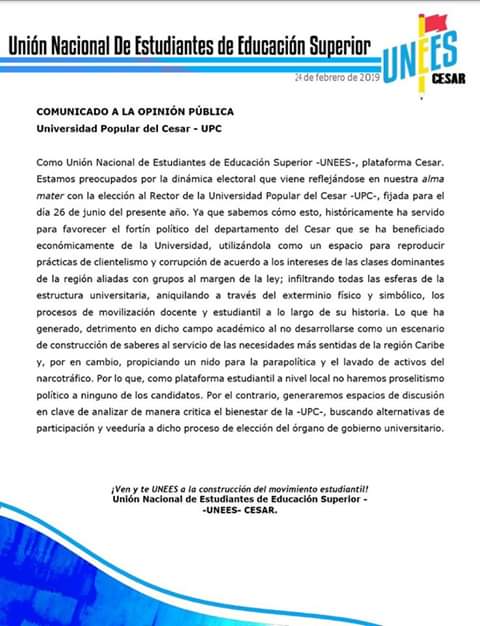 UneesCesarUpc's tweet photo. #UNEESCesar |
Comunicado de opinión pública. https://t.co/y1ZFj8qcIh