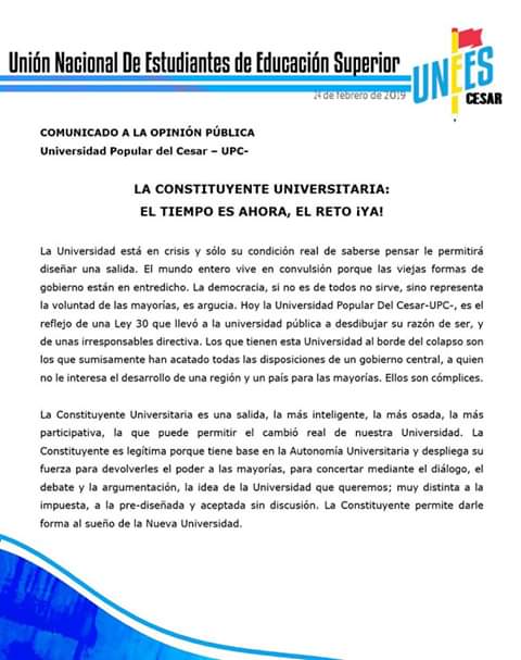 UneesCesarUpc's tweet photo. #UNEESCesar |
Un proceso Constituyente se hace necesario debido al manifiesto de un desgaste actual de las cosas y es un momento singular de sociedad universitaria, donde la colectividad pone en cuestión las leyes y los sistemas [...] https://t.co/cnHb2vS4QJ