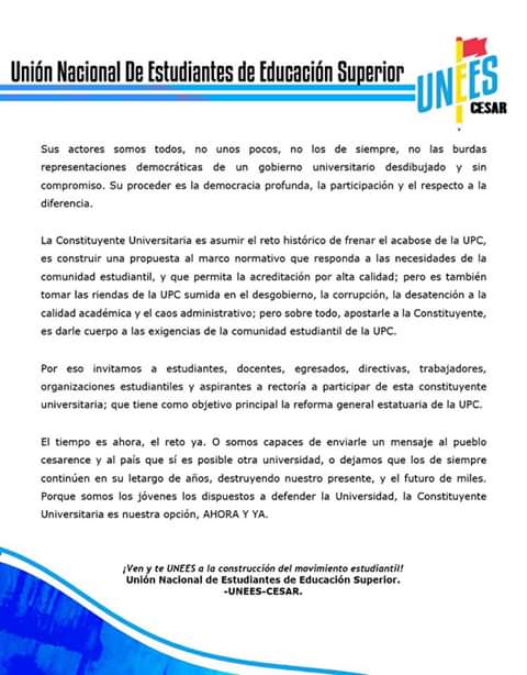 UneesCesarUpc's tweet photo. #UNEESCesar |
Un proceso Constituyente se hace necesario debido al manifiesto de un desgaste actual de las cosas y es un momento singular de sociedad universitaria, donde la colectividad pone en cuestión las leyes y los sistemas [...] https://t.co/cnHb2vS4QJ