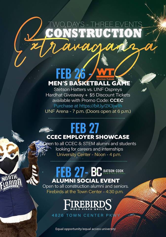 JamesSorce's tweet photo. Tuesday kicks off the two day Construction Management event @UofNorthFlorida Hardhat Construction night with @WhitingTurner  @OspreyMBB The #CCEC career fair and Alumni Social @FirebirdsGrill with @batsoncook https://t.co/tLwBN5Ttdt