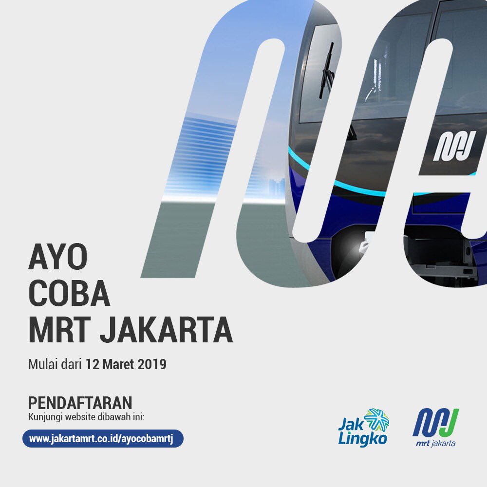 mrtjakarta's tweet photo. Mrnjelang operasi komersial, PT MRT Jakarta membuka kesempatan bagi masyarakat yang ingin ikut uji coba penuh kereta MRT Jakarta yang akan dimulai pada 12 Maret 2019. Pantau terus https://t.co/QksRnotUL9 untuk pendaftaran uji coba penuh kereta MRT Jakarta.
#MRTJakarta https://t.co/QzM8CuRsY7