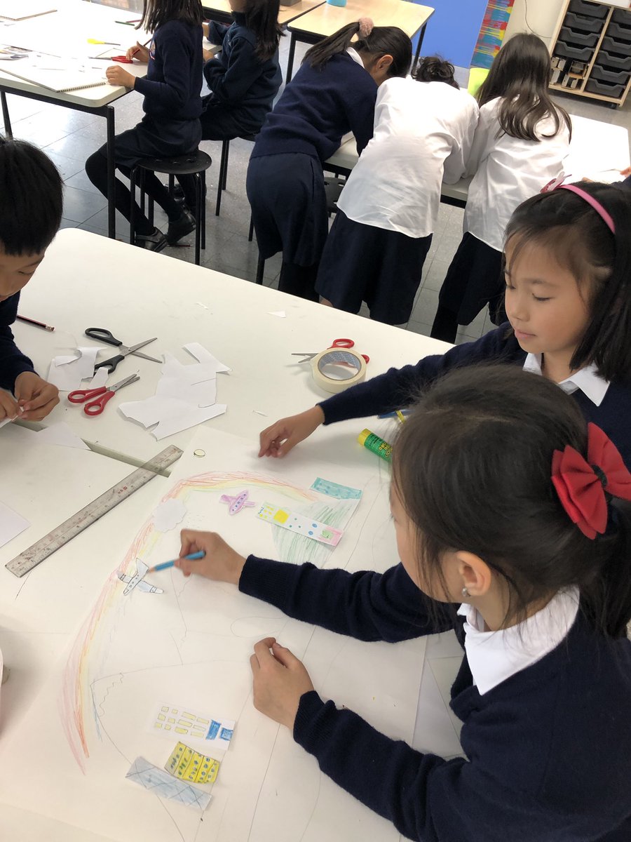 HannahShack_Art's tweet photo. Grade 2 are team planning for a cityscape painting of Hong Kong. They are making decisions together and learning how to collaborate, “we couldn’t decide on rainy or sunny weather so we are making a rainbow instead” #aisart #elementaryart #cityplanning https://t.co/OPTg2iOA5U