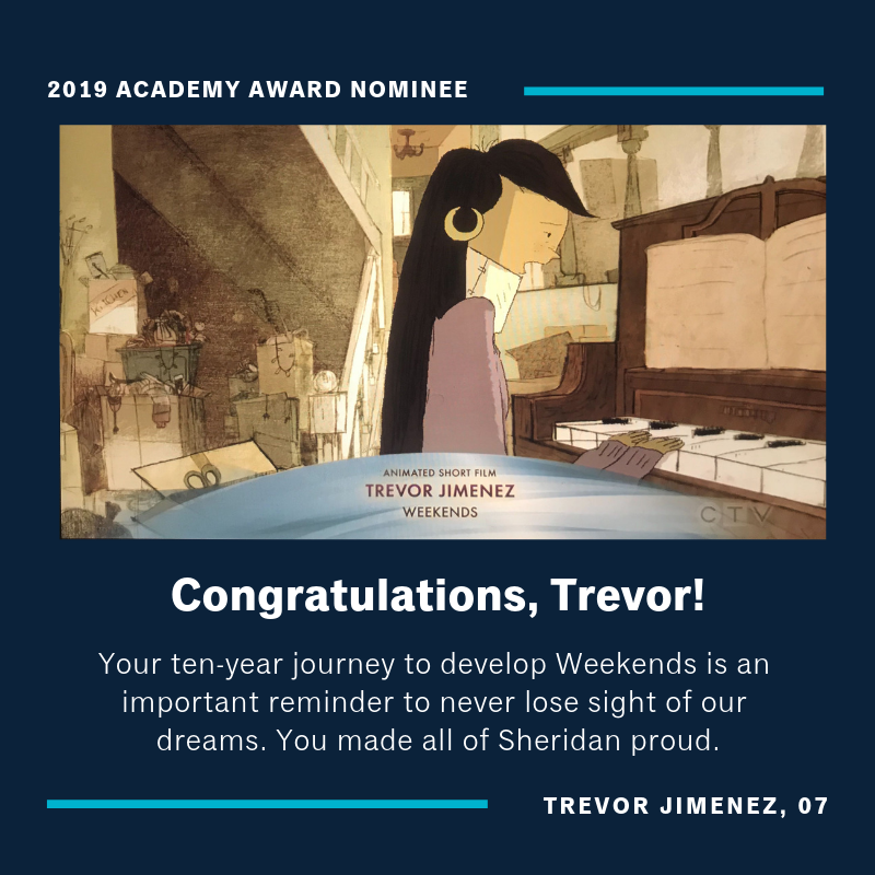 sheridancollege's tweet photo. Congrats, @trevjimenez on your nomination at @TheAcademy awards! Your 10-year journey to develop Weekends is a reminder to never lose sight of our dreams. You made all of Sheridan proud.

#SheridanOscars #SheridanAlumni #SheridanProud #Animation50 #SheridanAnimation #GetCreative https://t.co/U56sw1iglm