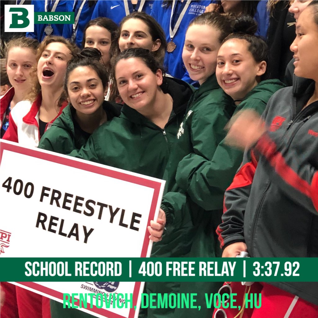 BabsonSwimDive's tweet photo. 🚨SCHOOL RECORD ALERT🚨
Abby Voce, Tirza Rentovich, Stella Hu and Lizzy Demoine shatter the school record in the 400 FR Relay in a time of 3:37.92! #BuildTheEngine #MakeWake https://t.co/YDn5XvTRKi
