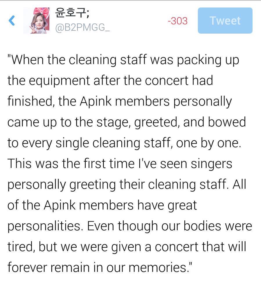 “apink members personally came up to the stage, greeted and bowed to every single cleaning staff, one by one” - pink island stage director   https://twitter.com/b2pmgg_/status/636501409446297600?s=21