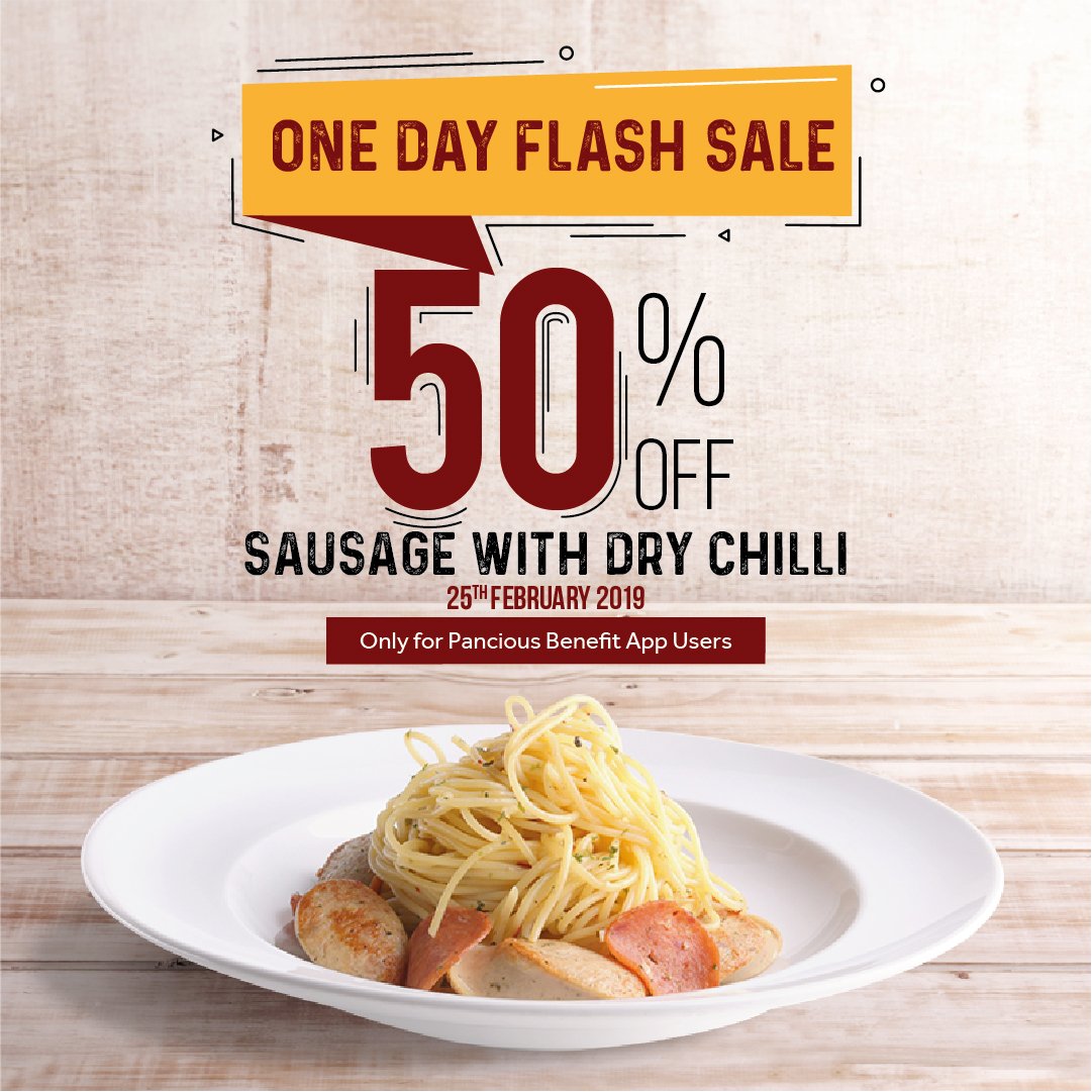 pancious_id's tweet photo. FLASH SALE! Get 50% OFF for Sausage With Dry Chilli Spaghetti with no minimum purchase. Valid for Pancious App users only. Visit our outlet and reedem your voucher today. T&amp;C Apply! https://t.co/98JWLc7VcV