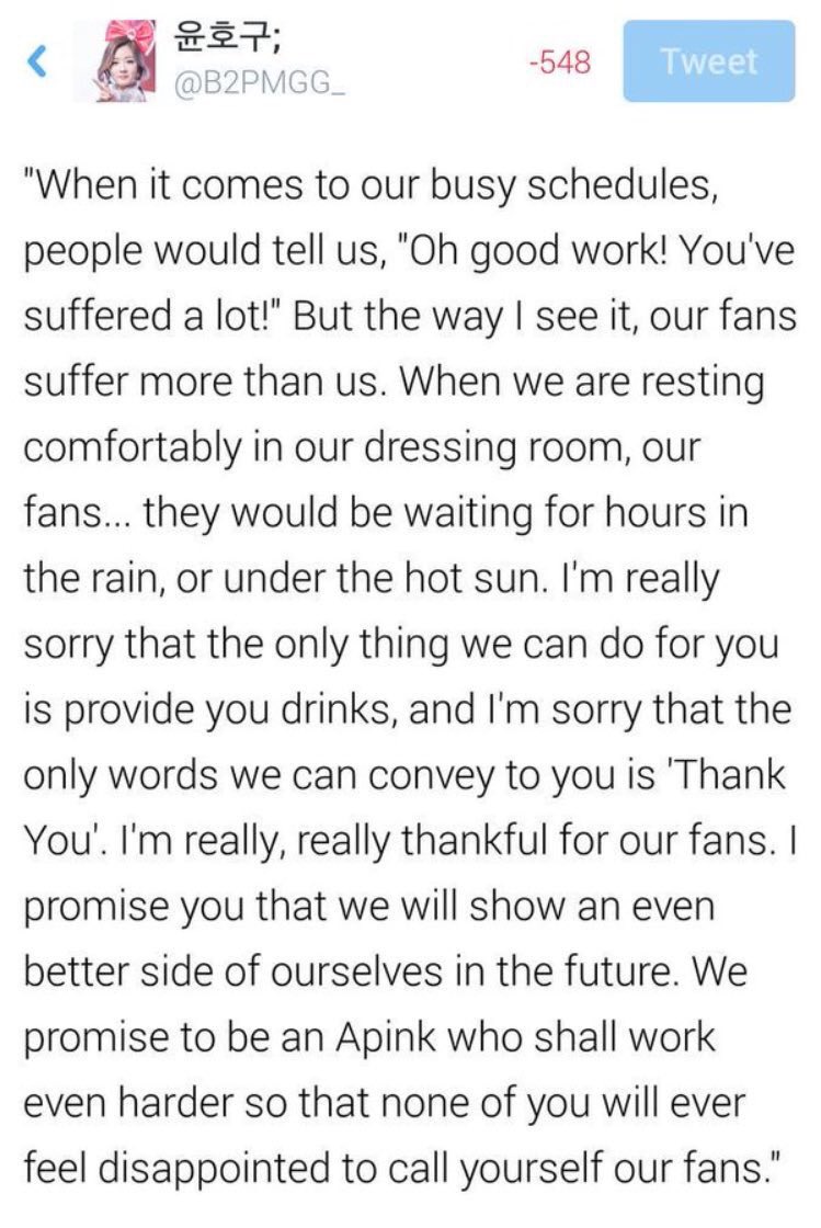 “we promise to be an apink who will work even harder so none of you will ever feel disappointed to call yourself our fans” -chorong 