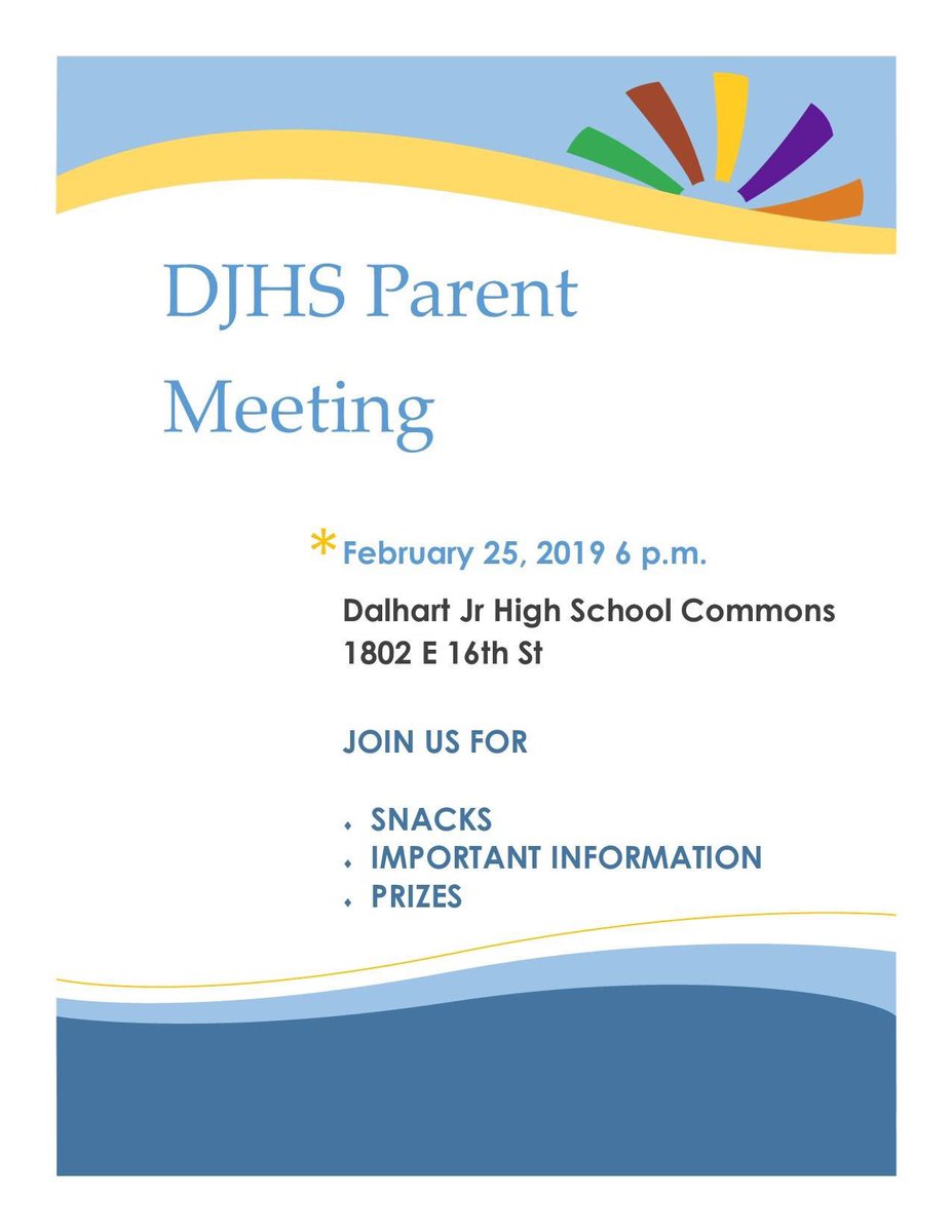 DalhartJrHigh's tweet photo. We are excited to see all of you at the Parent Meeting on Monday, Feb 25th at 6:00 pm.  Child care will be provided! https://t.co/1bsCQipaXB