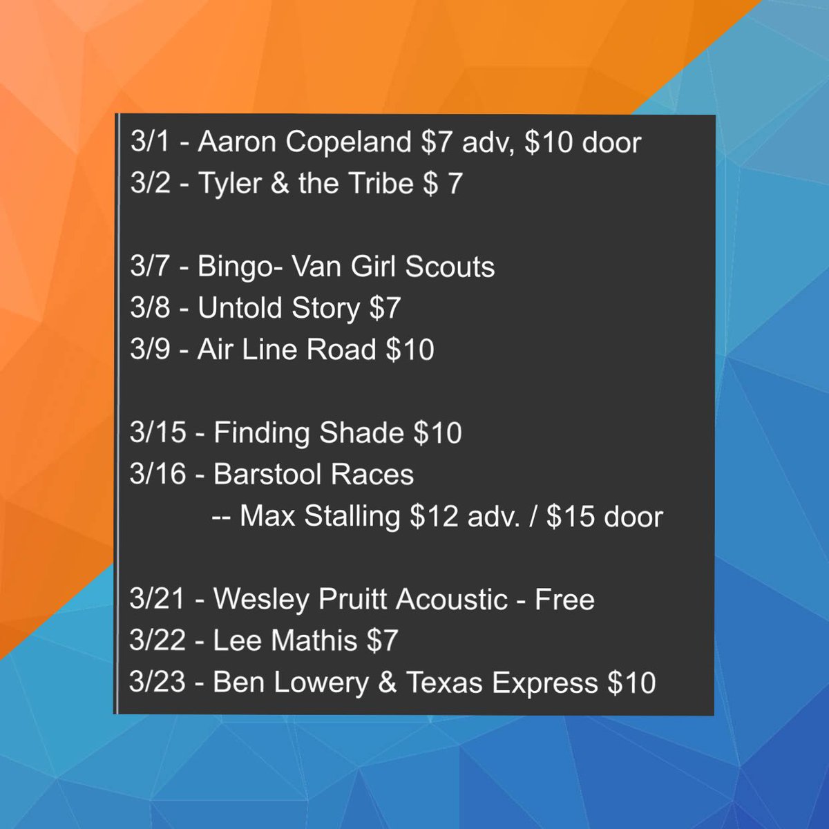 MooresStoreBWTX's tweet photo. It’s a busy month coming up at #MooresStore we hope to see you soon!!! #March #BenWheelerTX @tylernthetribe @ACopelandmusic @WesleyP01 #leemathis @finding_s_band https://t.co/wl1EjEbnBv