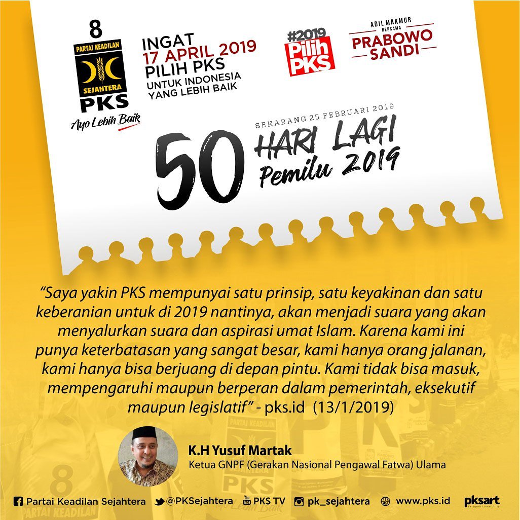 “Saya yakin PKS mempunyai satu prinsip, satu keyakinan dan satu keberanian untuk di 2019 nantinya, akan menjadi suara yang akan menyalurkan suara dan aspirasi umat Islam. ” - pks.id  (13/1/2019)
K.H. Yusuf Martak
Ketua GNPF (Gerakan Nasional Pengawal Fatwa) Ulama