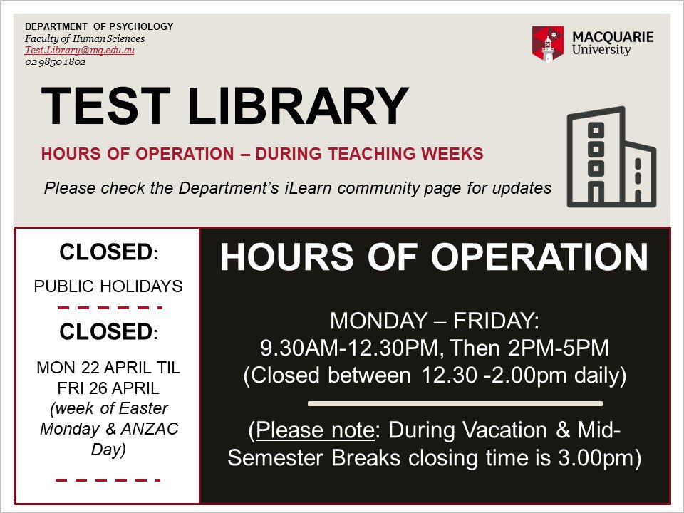 GinaHammond's tweet photo. Just a reminder that the @PsyMQ #TestLibrary will hold orientation sessions at 11am Monday thru Thursday during weeks 1 &amp; 2 of this semester ... https://t.co/2P3odwfKAL