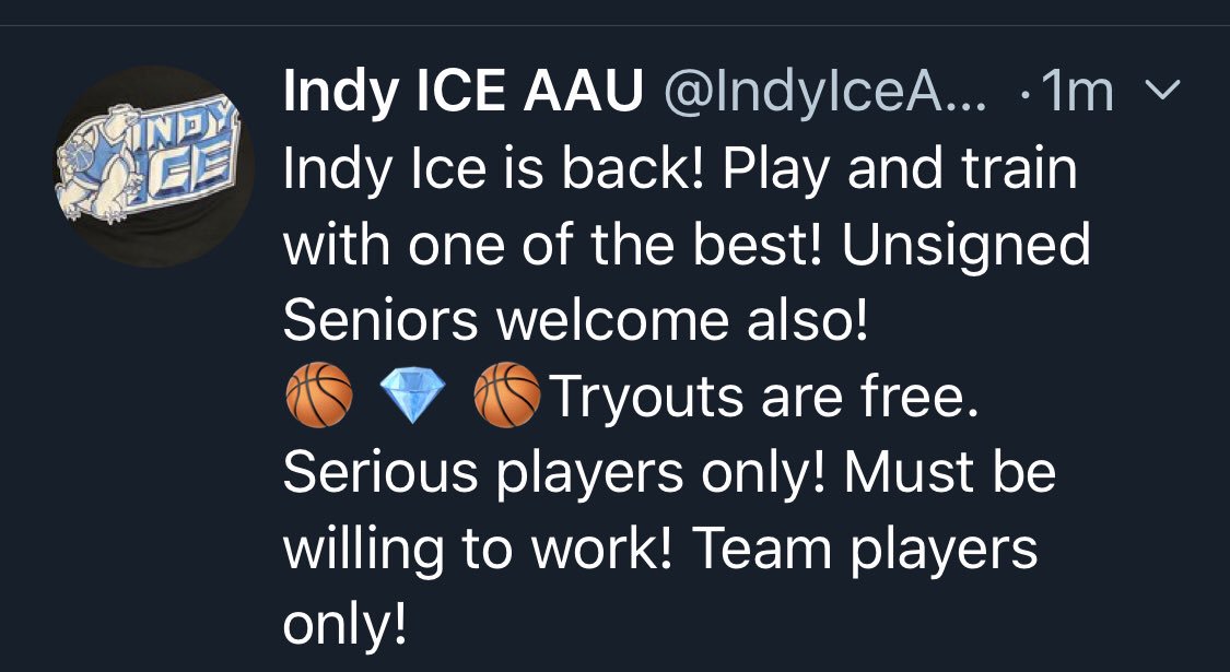 IndyIceAAU's tweet image. Indy Ice is back! Play and train with one of the best! Unsigned Seniors welcome also!
🏀 💎 🏀Tryouts are free. Serious players only! Must be willing to work! Team players only!