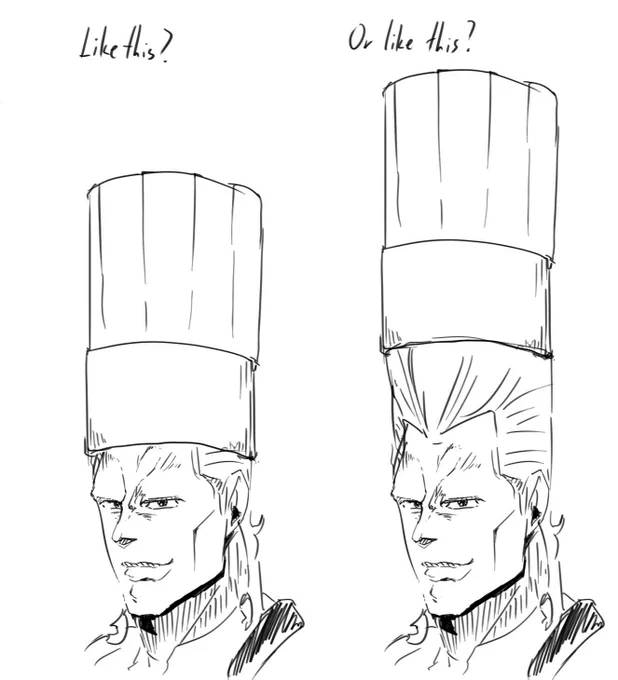 If #polnareff from #JoJosBizarreAdventure wears a chef hat, does he wear it like this, or like this 