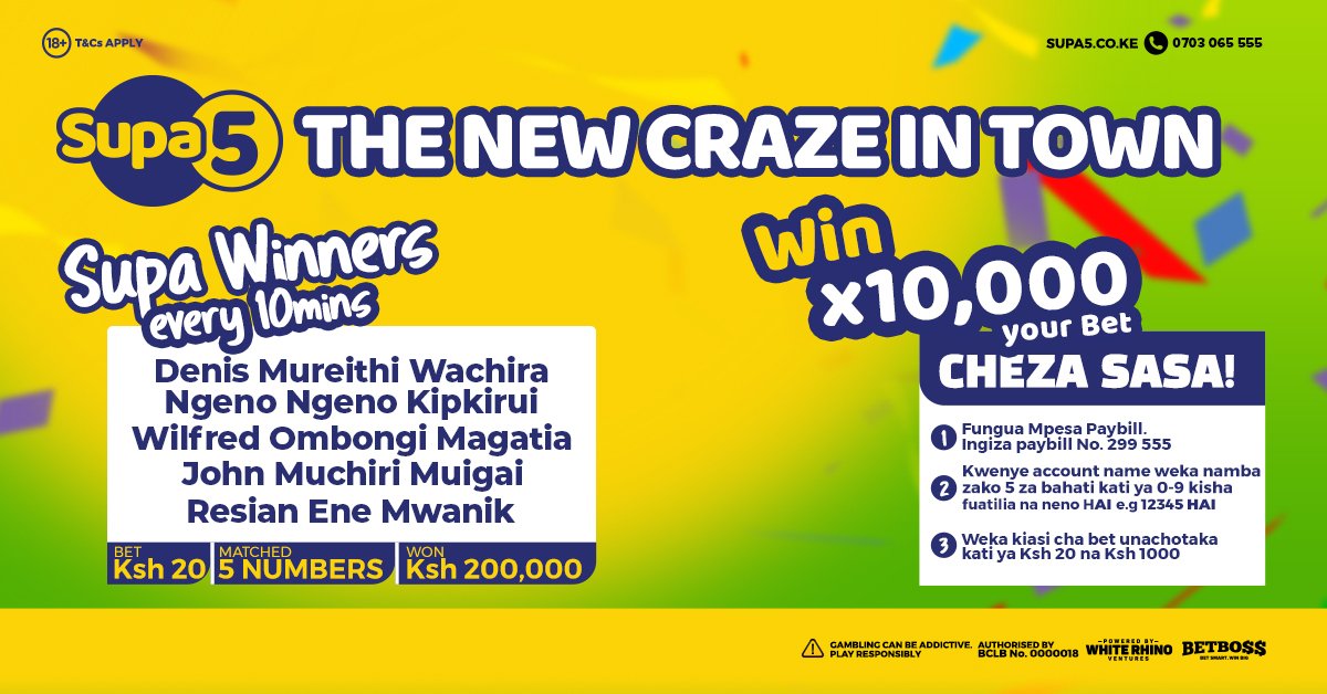 radiomaisha's tweet photo. Play Supa 5 today, it takes 5 numbers in 10 minutes to turn your bet of Ksh 150 bob to Ksh 1,500,000. Tuma bet yako kwa Paybill number 299 555. Kwenye Account Name, weka numba zako 5 za bahati na neno MAISHA and in the next 10 Minutes you could be lucky winner. #SUPA5 @Supa5ke https://t.co/wFJuNNpCQ3