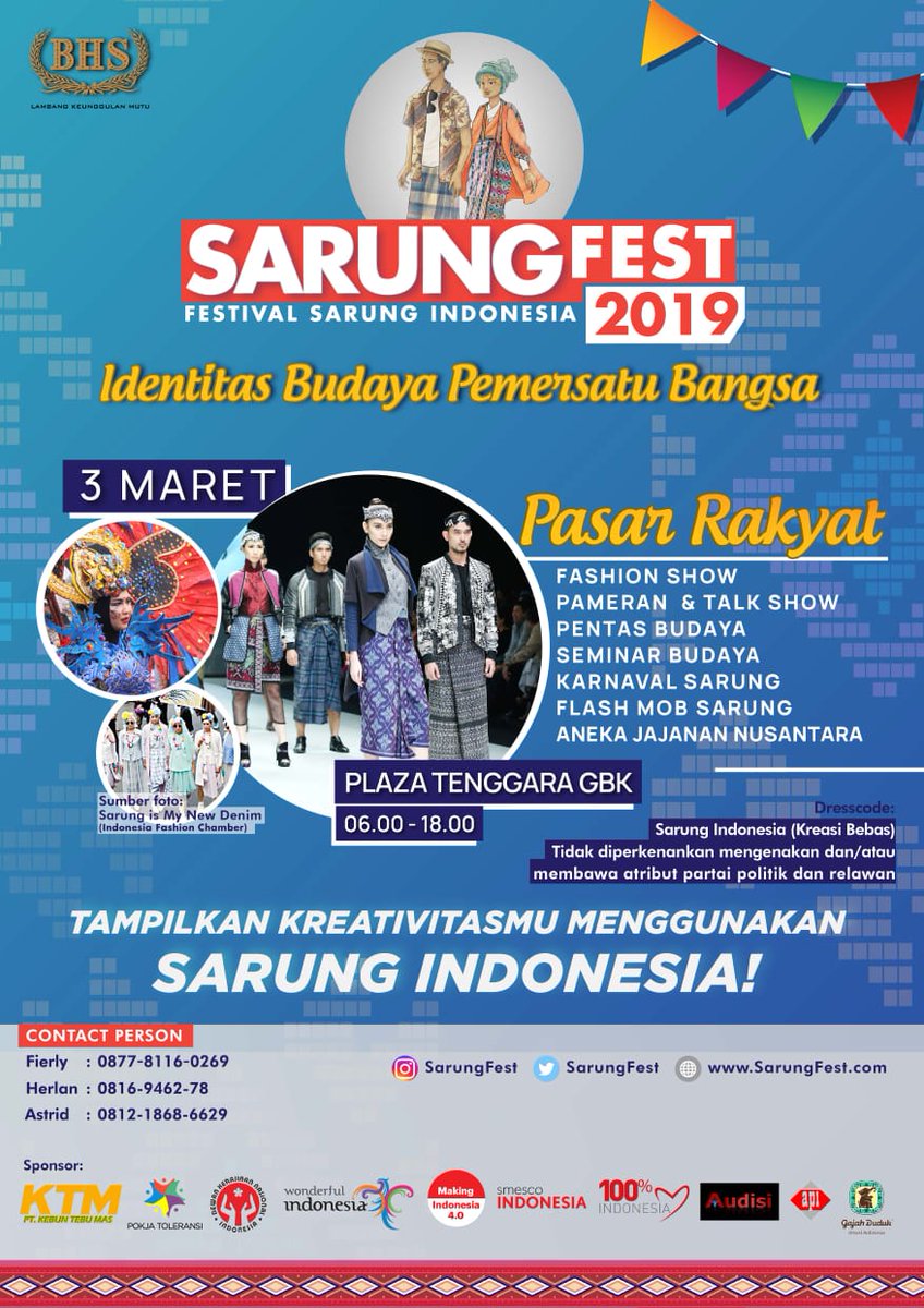 Digitalogi's tweet photo. Minggu, 3 Maret 2019
Jam 6 Pagi sampai 6 Sore
Plaza Tenggara Gelora Bung Karno
Dukung Inisiasi #HariSarungNasional dan Peresmian #RumahSarungIndonesia #RUSARI
Sambil membawa Misi agar Sarung menjadi Warisan Budaya Indonesia (menemani Batik & Rendang)
Siapa Yang SIAP Hadir? https://t.co/VOyPkJWpOS