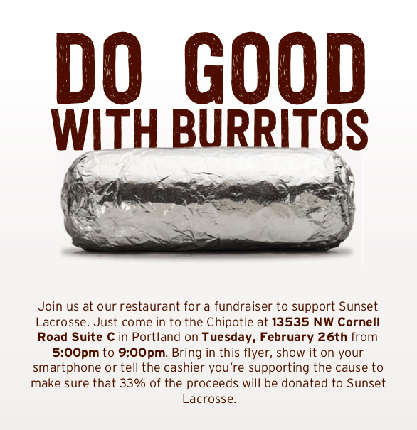 Hey Sunset <a href="/SunsetHSLax/">Sunset HS Lacrosse</a> Lacrosse Players and Fans. 
Please eat at Chipotle across from Sunset this Tuesday from 5-9pm. 33% of the proceeds will go to us!! Make sure you tell the cashier you are supporting Sunset.
Go Apollos