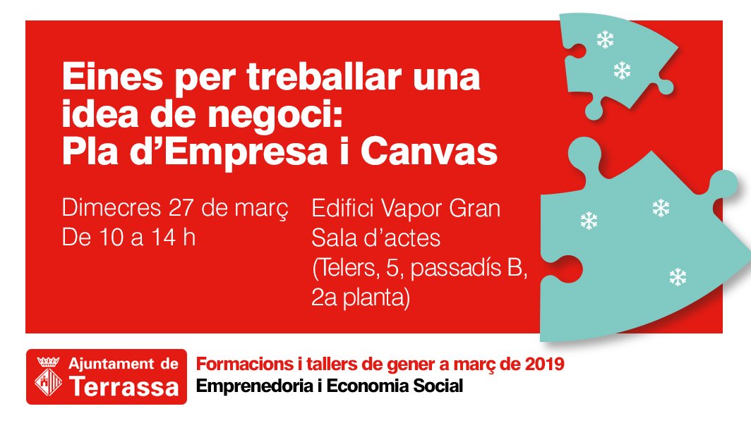 NOU CURS! Aprèn mitjançant casos pràctics com utilitzar el #PladEmpresa i el Model #Canvas per desenvolupar amb èxit la teva idea de negoci. Inscriu-t-hi: ow.ly/zxNJ30ng0af. <a href="/TrsOcupacio/">Foment de Terrassa</a> <a href="/Orbital40/">Val</a> <a href="/TRSUNIVERSITATS/">Terrassa Universitària</a> <a href="/XarxaInnoSocial/">InnoSocialVallès</a> <a href="/economieslocals/">Economies locals</a> <a href="/emprencat/">Emprenedoria</a>