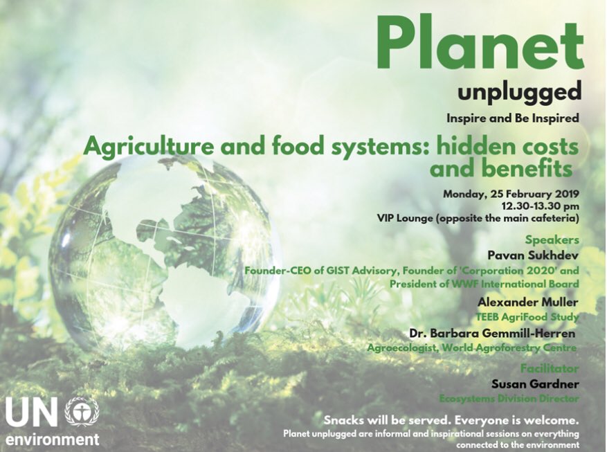 Today’s <a href="/TEEBAgriFood/">TEEB for Agriculture & Food</a> session focuses on exposing hidden costs of food systems

The true cost of agric &amp; food must be reflected across the entire value chain, from inputs used to make food, to production &amp; final consumption, including waste.

#NewDealForNature
<a href="/WWF/">WWF</a> <a href="/PavanSukhdev/">Pavan Sukhdev</a>
