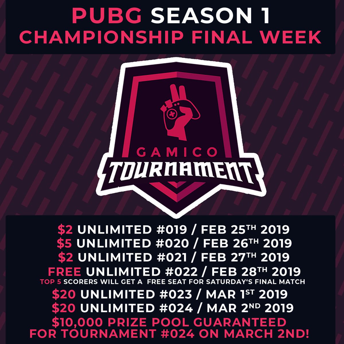 gamicogg's tweet photo. It's FINALS week for our inaugural PUBG Mobile Championship Series! We've got tournaments schedule all week INCLUDING a tournament on Saturday with a prize  $10,000 USD!

Are you ready to compete for your portion of $10,000? 

#PUBG #PUBGMobile #mobilegaming #PUBGTournament https://t.co/PfFFDpVCNF