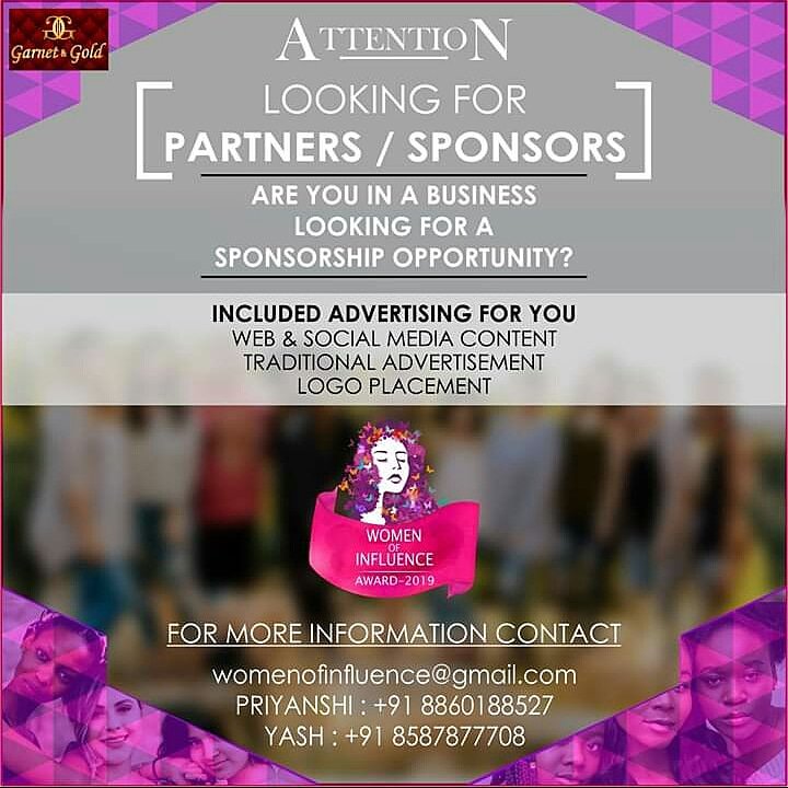 WomenOfInfluen3's tweet photo. Looking for brands to collaboration and sponsorship for Women of Influence Award 2019.

Women of Influence Award 2019 is an initiative to honor the influential women from various field of work and different states on a single PAN India platform.

#GarnetnGold #WomenofInfluence https://t.co/5WlCfkdH35