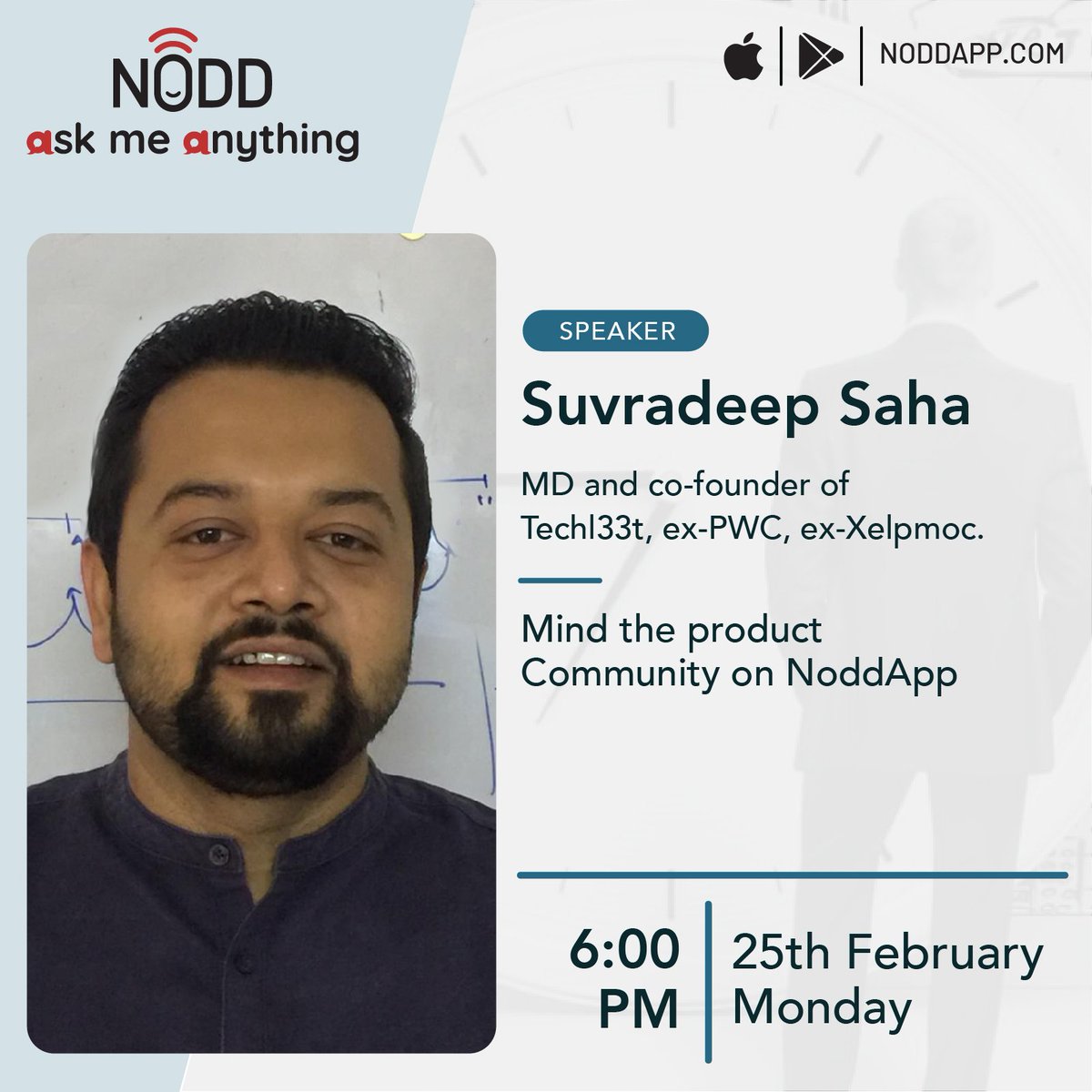 Nodd_App's tweet photo. Nodd's next AMA session is with Suvradeep Saha @XelpmocT @techl33t
His profile: https://t.co/qOtrgGMWKI
To participate, join: https://t.co/Rl1I4nMXIB
#Nodd #NoddAMA #productmanagement #analytics #industrialization #government https://t.co/DhXmfcMxaz