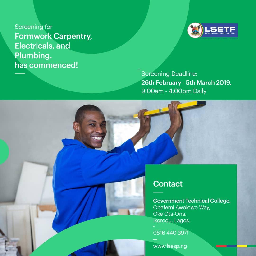 LSETF's tweet photo. We have commenced screening for a new batch of trainings!
Get screened for courses in Electricals, Plumbing, Formwork Carpentry, and Masonry at the Vocational Training Centre nearest to you! Please call 070075757575 for more inquiries.
#EmployabilitySupportProject #Training https://t.co/T6ShFz8kZc