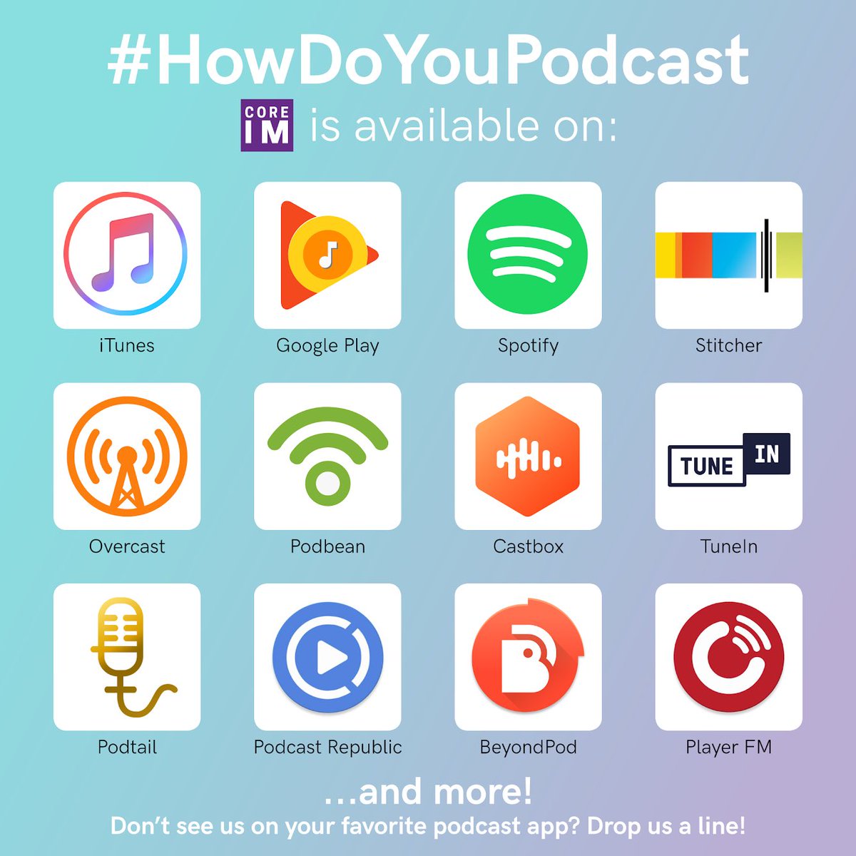 Happy Monday, friends and colleagues! 

Today’s community survey: What’s your favorite app for listening to CoreIM? Why? Let us know below! 👇🏼

And check out our pic to see a sampling of the platforms we’re available on!

#HowDoYouPodcast #FOAMEd #FOAMIM