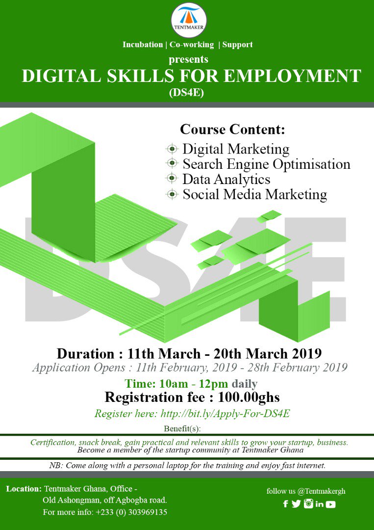 Barcampaccra's tweet photo. Via @TentmakerGhana: Register today for our 10 days #DS4E, Digital Skills For Employment training. Participants will be trained to acquire relevant skills for employment.
Sign up today : : https://t.co/7GSLtv6GTR
#DigitalSkillsForEmployment https://t.co/U2wL6Hpvc2