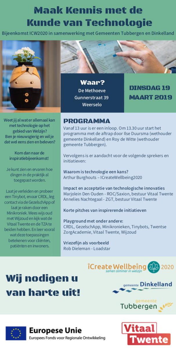 presentmedia's tweet photo. Weet jij wat er allemaal kan met technologie op het gebied van Welzijn? Kom naar de inspiratiebijeenkomst van #ICW2020 met o.a. de #GezelschApp op de playground. Meld je aan: https://t.co/gWOSfjB8RG https://t.co/RS962wPvda
