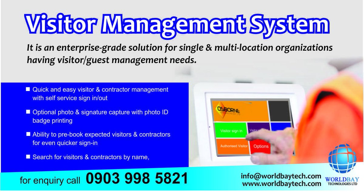 worldbaytech's tweet image. The Visitor Management System will help your organization manage all the activities of your visitors. For more info visit worldbaytech.com/visitor-manage… OR call 09039985821 #technologyrocks #Technology #organizationaltech