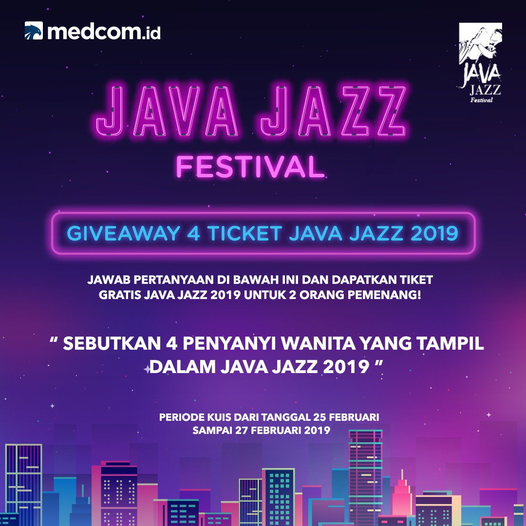 medcom_id's tweet photo. Mau tiket Java Jazz gratis? Gampang, begini caranya :
1. Jawab pertanyaan pada poster berikut
2. Follow akun Twitter @medcom_id
3. Tag 4 orang temanmu dan sertakan hashtag #MedcomJavaJazz2019 #MedcomBagiBagiTiket
Buruan, sebelum 27 Februari 2019! https://t.co/z63Vy7G97C