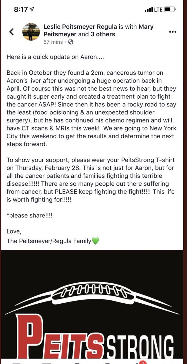 CoachPCotter's tweet photo. @FBPantherFB please wear your #PeitsStrong shirts on Thursday to support @Peits10 and all people affected by cancer! #kickcancersass https://t.co/sPQeaqWCJh
