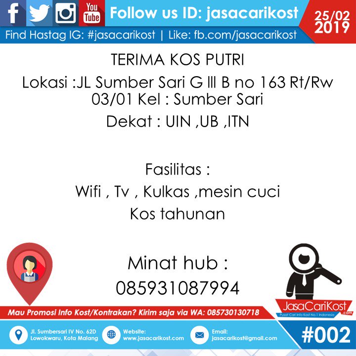 HasTag: #jasacarikost #infokost #infokostmalang #mahasiswaum #anakkost #kampusmalang #infokontrakan #infokos #infoUB #malang