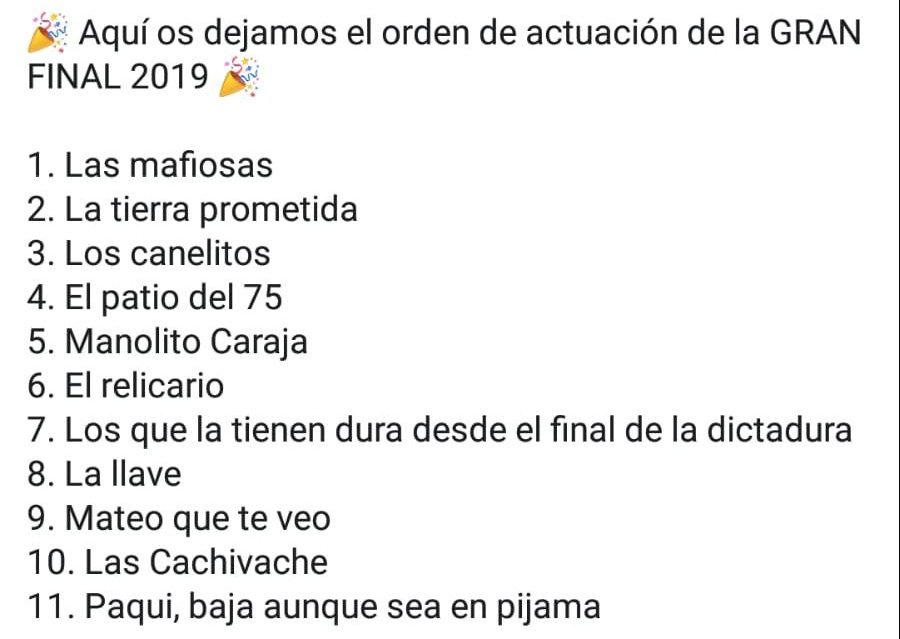 CarnavalAlcala_'s tweet photo. Os dejamos el orden de actuación con los grupos finalistas... ¡Suerte!

#CarnavalAlcalá2019Final https://t.co/U9pxHrVQFk