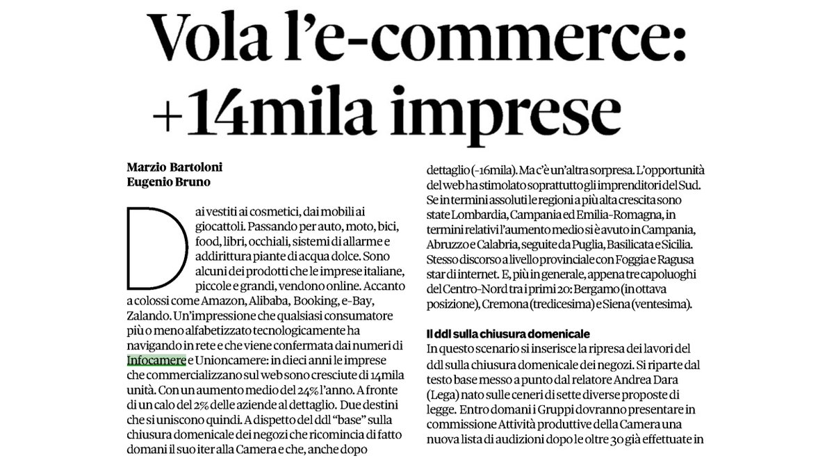 infocamere's tweet photo. Su @sole24ore 'Vola l'#ecommerce :+14mila imprese' @marziobartoloni @Eugenio_Bruno @unioncamere @Confesercenti @Confcommercio #Online @ConsNetcomm @ConfDigitale https://t.co/htcWdGqG1e