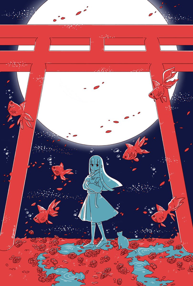 1girl torii moon long hair fish solo petals  illustration images