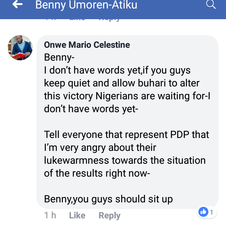 BennyMOF's tweet photo. Comments like this is what I have both inbox and on my post. It breaks my heart💔...dear PDP Nigerians are waiting on you to rescue them don't allow their massive turnout to stand with you be rigged #2019TooBigToRig https://t.co/XpA3AL82y8