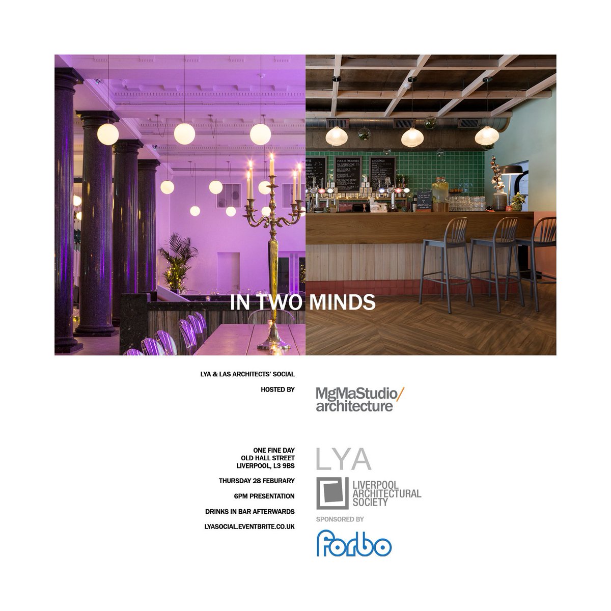 This Thursday evening - 28th Feb at 6pm - its our next #OpenStudio architect's social event is hosted by <a href="/MgMaStudio/">MGMA Architects</a> at <a href="/onefineday_liv/">ONE FINE DAY</a>  Sponsored by <a href="/ForboFlooringUK/">Forbo Flooring UK</a>. Book now at lyaevents.eventbrite.co.uk