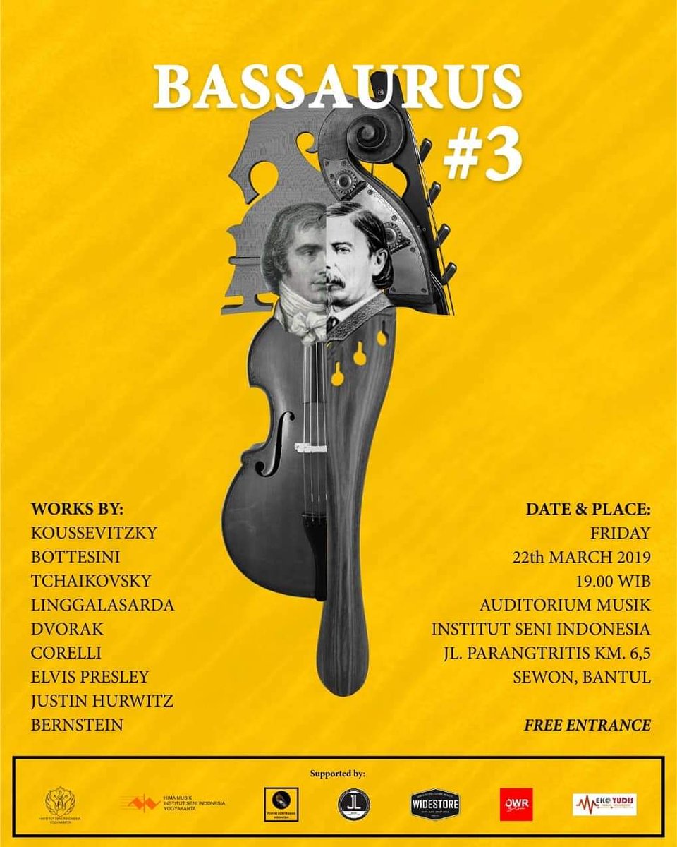 [INFO KONSER]

BASSAURUS #3
Doublebass Concert

FRIDAY, 22th March 2019
19.00 WIB
Auditorium Musik Institut Seni Indonesia
HTM Free

Works by: Koussevitzky, Bottesini, Dvorak, Tchaikovsky, Corelli, Elvis Presley, Leonard Bernstein, Justin Hurwitz
