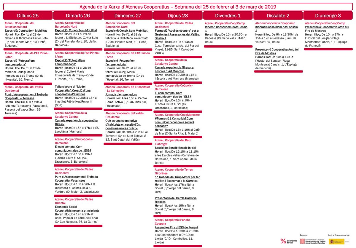 AteneusCoopCat's tweet photo. 📆Ja podeu consultar l'agenda de la Xarxa d'Ateneus Cooperatius de la setmana del 25 de febrer al 3 de març. Ve carregada d'activitats! @econ_socialcat @aracoop https://t.co/CnBnx4HX7y
