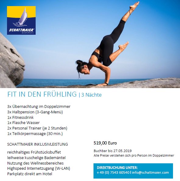 SchattmaierB's tweet photo. Starten Sie FIT IN DEN FRÜHLING ⚓️🌼🧘‍♂️🌊🌷
Übernachtung im Doppelzimmer, Halbpension (3-Gang-Menü), Fitnessdrink,  Flasche Wasser, Personal Trainer, Teilkörpermassage. Buchbar bis 27.05.2019. 
Freecall 0800-7242886
#bodensee #sailing #hotel #wellness #übernachtung #fitness https://t.co/IooPDdbdeb