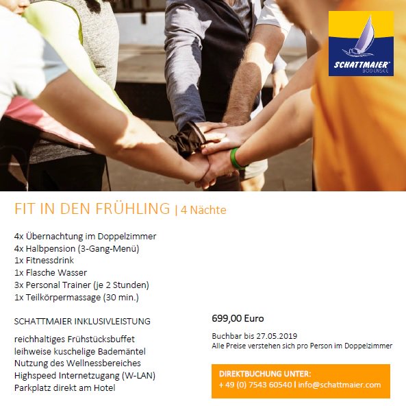 SchattmaierB's tweet photo. Starten Sie FIT IN DEN FRÜHLING ⚓️🌼🧘‍♂️🌊🌷
Übernachtung im Doppelzimmer, Halbpension (3-Gang-Menü), Fitnessdrink,  Flasche Wasser, Personal Trainer, Teilkörpermassage. Buchbar bis 27.05.2019. 
Freecall 0800-7242886
#bodensee #sailing #hotel #wellness #übernachtung #fitness https://t.co/IooPDdbdeb