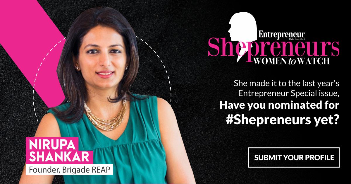 BrigadeReap's tweet photo. Nirupa Shankar, by establishing @BrigadeReap, aims to make it the Go-to #accelerator for #proptech #startups! She made it to the last year’s #Shepreneurs list. Nominate to make it to the 2019 list. 
https://t.co/DWuC1CDBYX  https://t.co/h2gNPefWdL @EntrepreneurIND