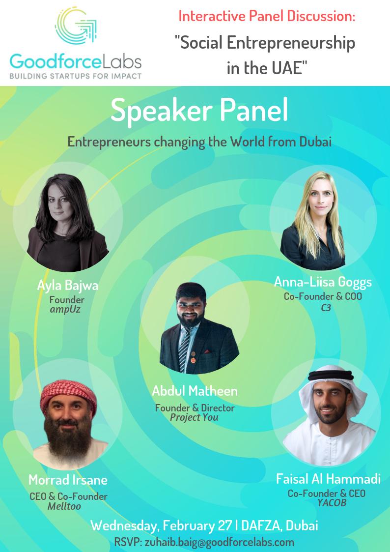 GoodforceLabs's tweet photo. The wait has almost come to an end: In just a few days we will proudly be presenting our expert speakers on "Social entrepreneurship in the UAE."
Make sure to reserve a spot to get insider information on #opportunities &amp; the landscape of #socialentrepreneurship in the #UAE. https://t.co/EJpV8eBQKn