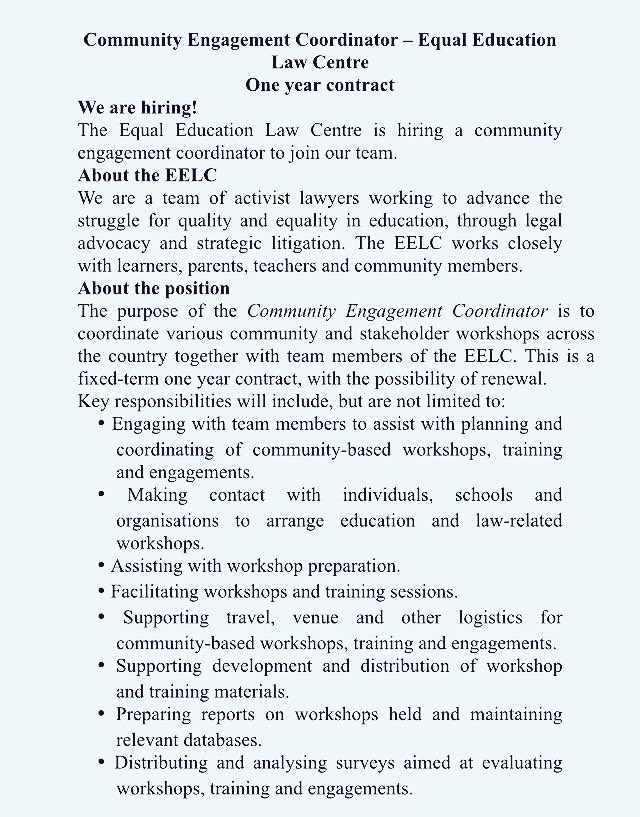EElawcentre's tweet photo. We are hiring - Community Engagement Coordinator. We are looking for an experienced community engagement coordinator to support our workshops &amp; training across the country. DEADLINE - 4 March 2019. Email applications to: administrator@eelawcentre.org.za https://t.co/0uXQSVX3CJ